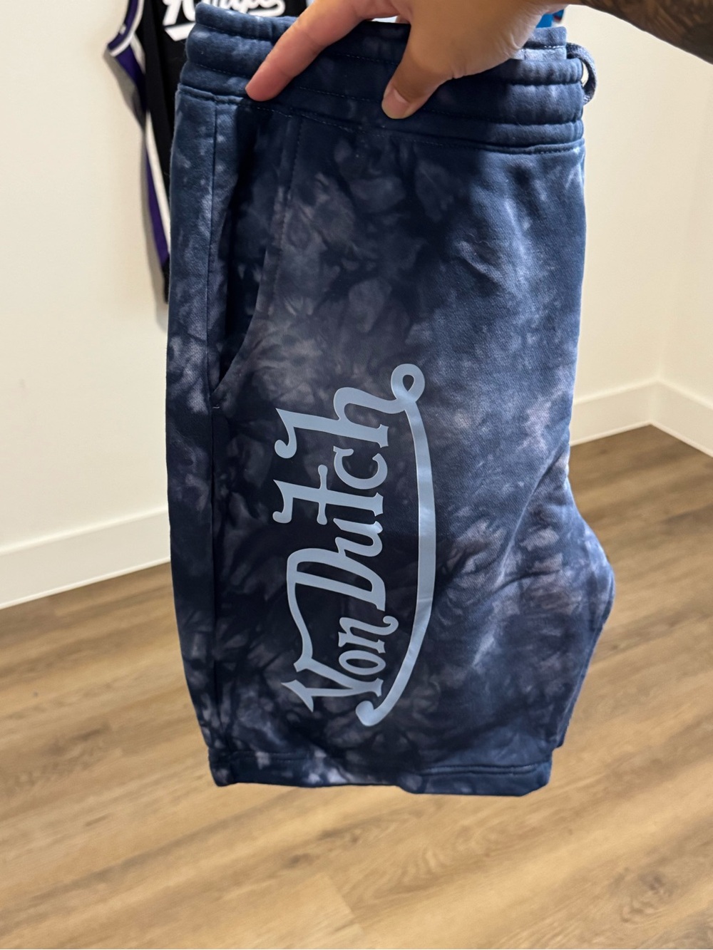 NEW Von Dutch Men's Navy Tie-Dye Athletic Shorts with Light Blue Logo